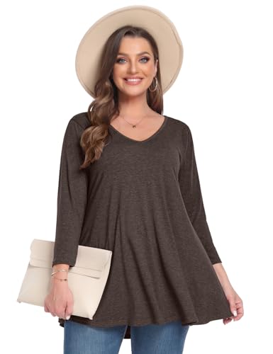 MONNURO Plus Size Tunic Tops for Women 3/4 Sleeve Fall Shirt Basic Casual V Neck Solid Color Blouses Loose Fit for Leggings4