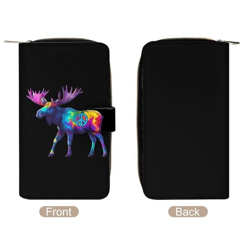 Peace Sign Tie Dye Moose Womens PU Leather Wallet Long Purse Clutch Organizer for Office Travel3