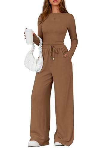 PRETTYGARDEN Matching Sets Women Clothing 2025 Fall Fashion Travel 2 Piece Lounge Sets Long Sleeve Crop Top Wide Leg Pants (Dark Khaki,Large)