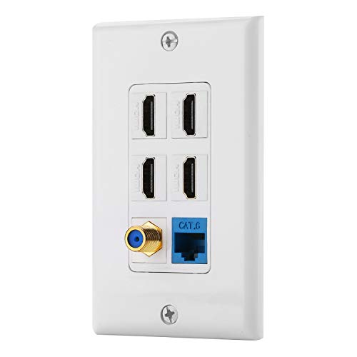 IBL-6 Port Wall Plate with 1 Port Cat6+ 4 Port HDMI +1 Port Gold-Plated F Type coaxial Cable TV Keystone Female to Female Jack in White â€¦