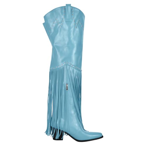 Image of richealnini Western Thigh High Cowboy Boots with Fringe Over Knee Wide Calf Cowgirl Boots