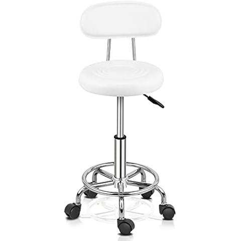 Bonnlo Adjustable Salon Massage Stool Swivel Chair with Upholstered Seat, Rolling Wheels Hydraulic Gas Lift for Hairdressing Spa Salon Beauty Tattoo Therapy Barber Bar,White Cover