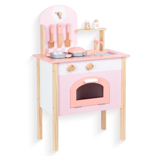 Cucina per Bambini in Legno Rosa Con Lavello, Forno e Accessori - Giocattolo per Bambini dai 3 Anni in Su