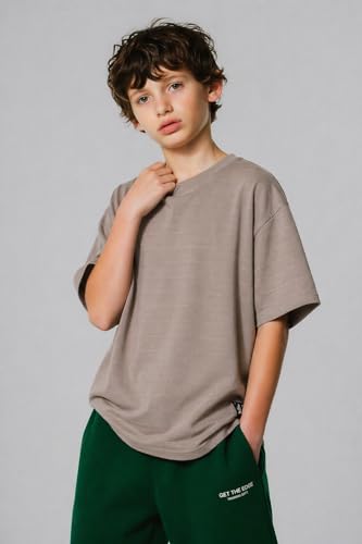 Image of Alan Jones Clothing Boys Oversized T-Shirt with Embossed Stripe Design | Half Sleeve Round Neck Casual Tee for Kids