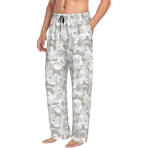 Mens Pajama Pants - Light Gray Camouflage Print Soft Sleep Lounge Pants For Men, Casual Pj Bottoms With Pockets