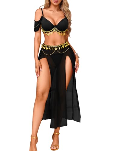 ShawGobow Sheer Belly Dancer Outfit Sequin High Split Sexy Costume 3 Piece Mesh Skirt Lingerie Exotic Dancewear Black Small