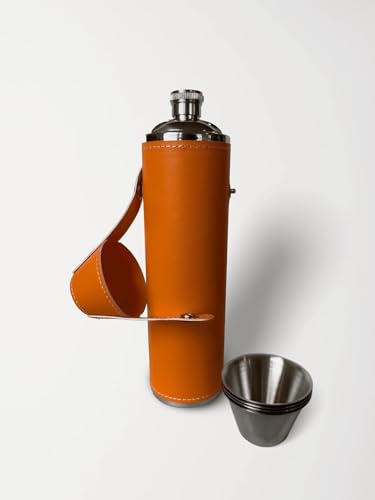 Birdie Bottle 12oz Orange Flask with 4 Shot Glasses in Cap – Stainless Steel with Waterproof Leather Case, Leakproof, Reusable, Great Gift