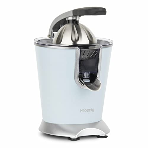 H.Koenig AGR86 - Exprimidor eléctrico de naranjas profesional de 160 W, palanca y azul pastel, sistema antigoteo, sin BPA, piezas aptas para lavavajillas