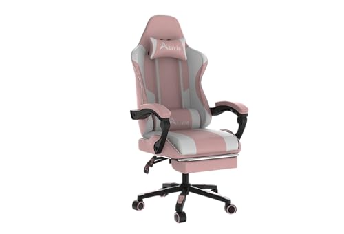 Alivio Ergonomic Gaming Chair with Massage Lumbar Cushion & Retractable Footrest, 360° Recline & Swivel Breathable Leather Office Massage Chair, PU Leather Video Game Chair (Pink)