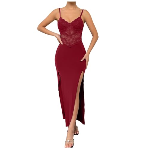 Abendkleid Damen Lang Mit Schlitz Cocktailkleid Curvy Spitze Elegant Trägerkleid Korsett Kleid Hochzeitsgast Spitzenkleid Maxi Festlich Kleider...