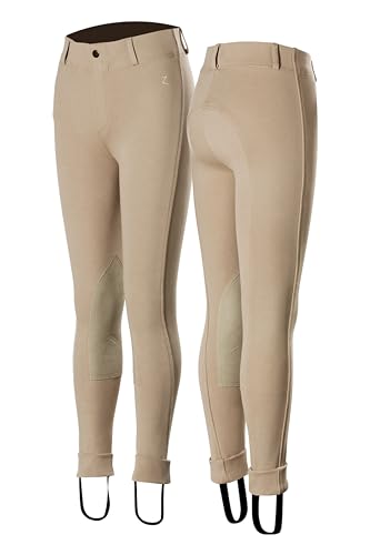 HORZE Nora Girls Riding Pants with Leather Knee Patch | Kids Equestrian Girls Jodhpurs Breeches | Size Chart in Images - Tan - XXS