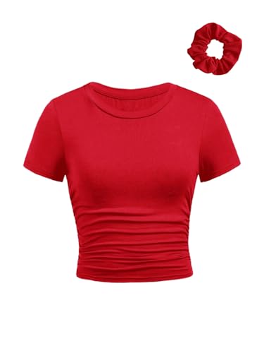 Girl's Short Sleeve Ruched Tee Tops Basic Crew Neck Slim Fit T Shirts with Hair Ties