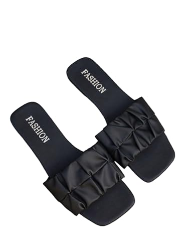 OYOANGLE Women's Ruched Band Open Square Toe Flat Sandals Slip On Summer Vacation Casual Slides