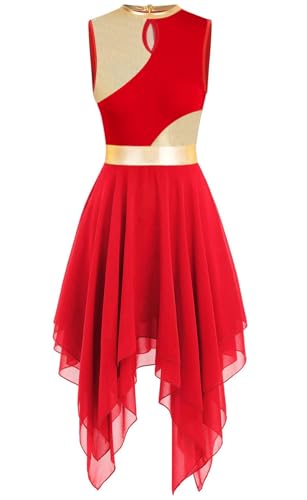 ELLYDOOR Praise Dance Tunic Dresses for Women Sleeveless Gold Color Irregular Flowy Skirt Liturgical Worship Lyrical Dance Costume Red, Tag M