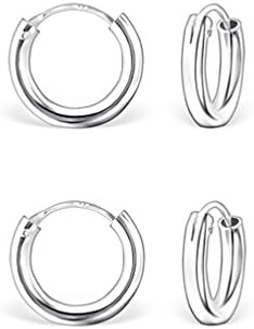 DTPSilver - 925 Sterling Silver Small Hoops Earrings - Set of 2 Pairs - Thickness 2 mm - Diameter 12 mm
