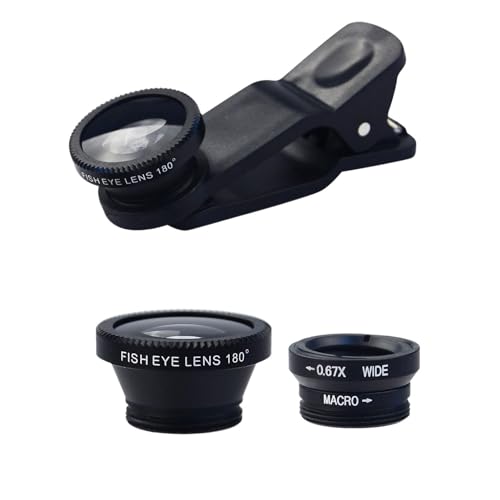 Set di obiettivi per cellulare, 3 in 1, per smartphone, grandangolare 0,67 X, fisheye 180°, lente macro 10x, colore nero