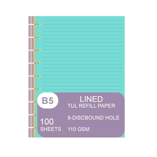 9 Discbound Lined Colorful Refills Paper, 100 Sheets (200 Pages), 9 Disc Pre-Punched Happy Planner Inserts, Loose Leaf, 5-Color Refills Paper, Classic Size, 7 x 9.25 Inch