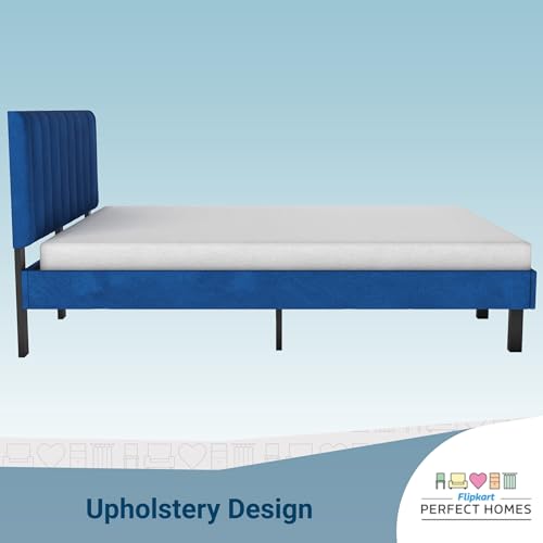 Image of Wooden Modern Upholstered King Size Bed for Bedroom | Wooden Double Bed Without Storage | Platform Cot Upholstered Bed with Upholstery Fabric | Engineered Wood | 6.5 x 6 Ft | Blue-A