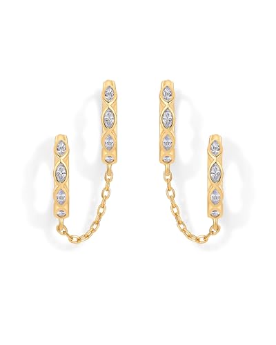 PAVOI 14k Gold Chain Earrings for Women | Double Piercing Dangle Chain Huggie Ring Earrings | Cubic Zirconia Pearl Stud Earring Earrings for Women