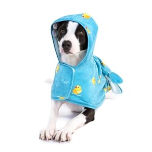 Barkbox Dog Bathrobe Fast Drying with Hook and Loop Closure & Wrap Tie Snuggle, Cute Dogs Clothes, Easy to Clean, Machine Washable, Dog Coats and Tumble Dry Low – Rubber Duck, Medium