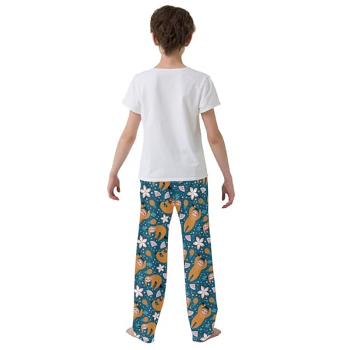 ZZXXB Sloth Hibiscus Flower Boys Long Pants Soft Trousers Elastic Waist Kids Lounge Bottoms with Pockets S-XL3