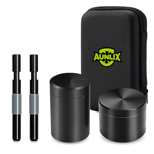 Grinder per Spezie set,Kit Pipa & Grinder,Pipa de Metal set-incluye Grinder de Metal φ 55mm, 2 Pipas Aluminio Escalable,Tarro almacenamiento sello,Extraíble limpiar Pajita de metal,Bolsa Caja Portatil