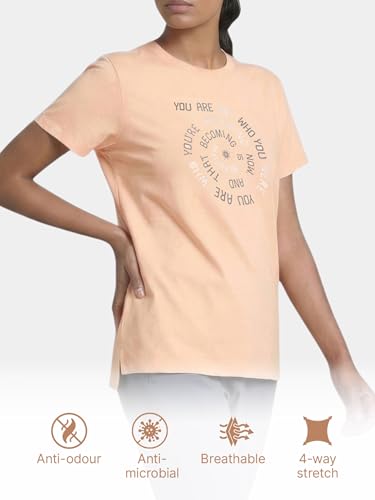 Image of Enamor Athleisure Relaxed Fit Short Sleeve Round Neck Antimicrobial Finish Breathable Stretch Cotton Activewear Sports Tshirt for Women - A301