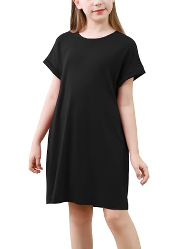 GORLYA Girls Short Sleeve A-Line Loose Casual Shift Swing Summer T-Shirt Dress with Pockets 6-16Y