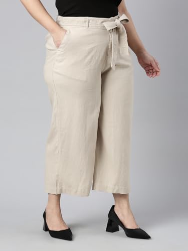 Image of GO COLORS Solid Linen Culottes for Women | High Rise, Side Pockets, Front tie-up