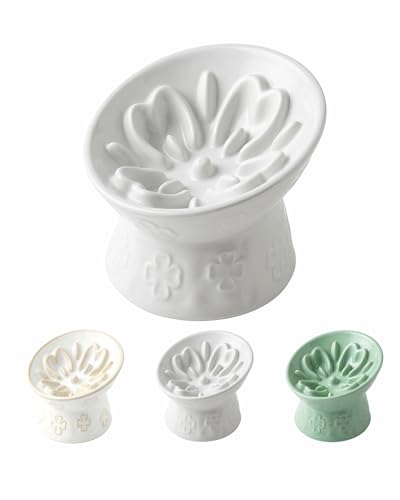 TRUVIC セラミック製スローフィーダー猫用ボウル、首を保護する15°傾斜高台猫用スローイーティングボウル、嘔吐防止犬用スローフィーダー、猫と小型犬用、ひげに優しくあごが黒くならない、ホワイト