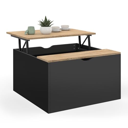 IDMarket - Table Basse Plateau relevable carrée ELEA avec Coffre Bois Noir et façon hêtre