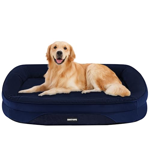 HMTOPE Orthopädisches Hundebett, Hundesofa, Vierseitiges Nackenrolle Kissen, rutschfeste Unterseite Hundekorb, Abnehmbar und Waschbar, Mittelgroße Hunde, Grosse Hunde, 106 x 79 x 17 cm, Navyblau