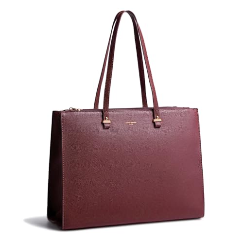 David Jones – Bolso de mano para mujer, talla grande, talla XL, para el hombro, cursos escolares, trabajo empresarial, formato A4, bolsa de piel sintética, asa larga, bolsa de ordenador, rojo burdeos