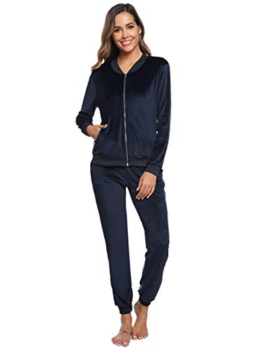 Abollria Women's Active Solid Velour Tracksuit Zip up Hoodie & Pullover Sweatshirts and Sweat Pant Sweatsuit Navy Blue