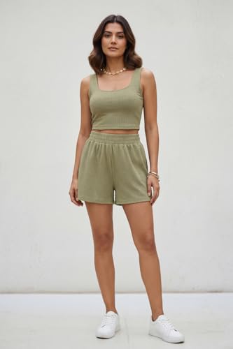 Image of Leriya Fashion Summer Co ord Set for Women Stylish | Western Two Piece Travel Beach & Holiday Outfits | Pyjama Set & Night Suit for Women Lounge | Casual Summer 2 Piece Crop Top Sleeveless Shorts Set