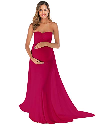 JustVH Maternity Off Shoulder Strapless Chiffon Maxi Gown Maxi Photography Dress for Photo Shoot Baby Shower Red