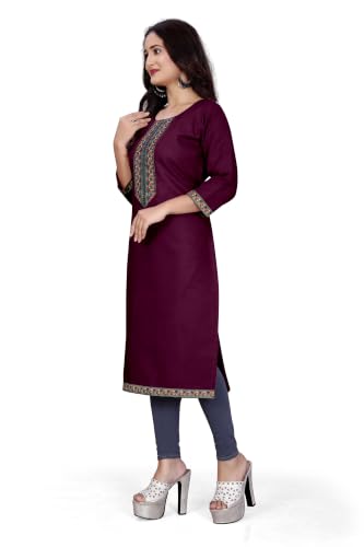 Image of Women A-line Cotton Blend Round Neck 3 /4 Sleeve Embroidered Kurti Only