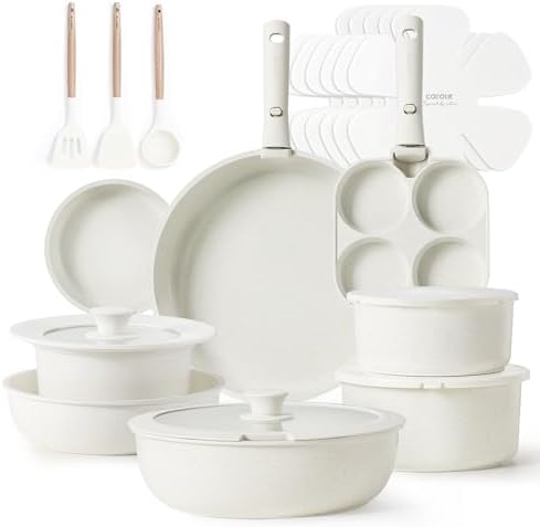 CAROTE 23pcs Pots and Pans Set Non Stick, Cookware Sets, Kitchen Set, Oven/Dishwasher/Fridge Safe, Space Saving Pots Set, Nonstick Set with Versatile Detachable Handle, Induction RV Set, Cream
