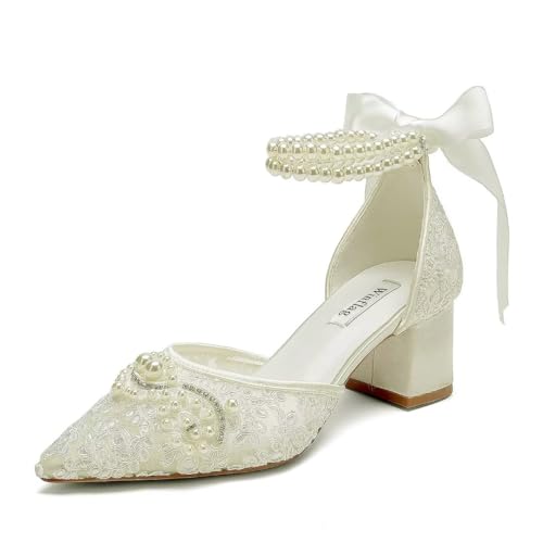 Lace Pearl Wedding Shoes for Bride Block Heel Bridal Shoes Closed Toe Wedding Heels