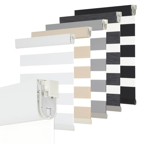 Persilux No Drill No Tools Custom Size Zebra Blind Dual Layer Privacy for Day and Night Window Blinds Light Filtering Cordless Windows Shades for Windows,Easy to Install Thermal Insulated Blinds,White