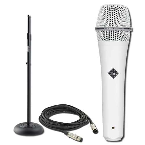 Telefunken M80 White Dynamic Handheld Vocal Microphone Bundle with On-Stage MS7201B Round Base Stand and 20-Foot XLR Cable — Supercardioid Stage Mic for Weddings, Worship, and Live Performance