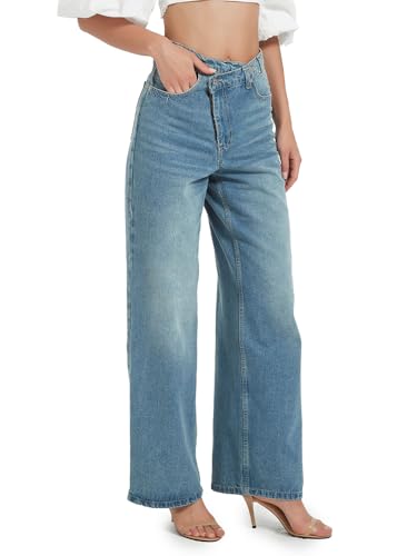 Women's Asymmetric High Waisted Wide Leg Jeans, Zipper-Button Closure Denim Pants4