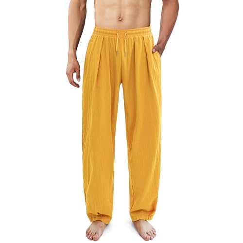 ESTAMICO Men's Cotton Linen Casual Yoga Pants Loose Fit Elastic Drawstring Waist Summer Beach Pant