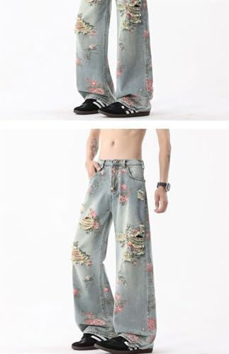 Men's American Ripped Jeans Floral Design Sense Beggar Straight-Leg Slim Wide-Leg Pants4