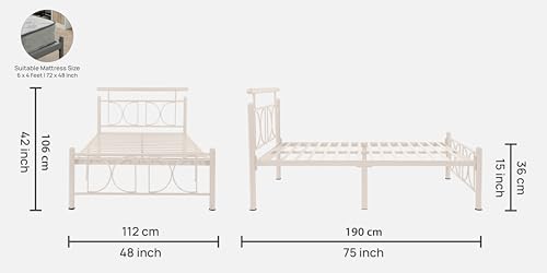 Image of Mexo Metal Single Size Bed Without Storage | Wrought Iron Single Bed with Headboard & Footboard| Sturdy Powder Coated Platform Cot for Bedroom, Living Room, (Mexo Ivory)