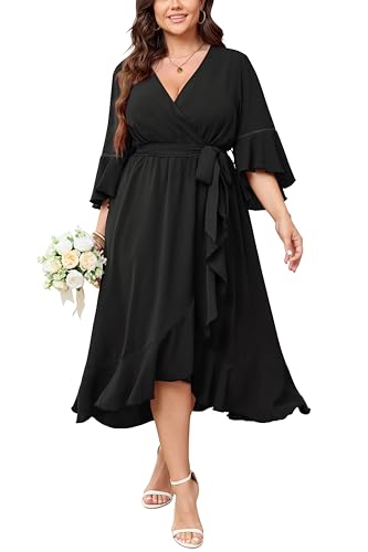 SCOMCHIC Damenkleid, Übergröße, für Hochzeitsgäste, 3/4-Ärmel, Wickelkleid, V-Ausschnitt, hoher niedriger Rüschensaum, Maxi-Cocktailkleid,...