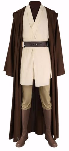 Dingmcoy Obi Wan Cosplay Jedi Tunic Uniform Outfit Obi Wan Kenobi Costume Hooded Robe Shirt Pants Belt (Brown, Large)