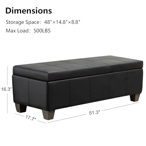 Image of 51 Inch Storage Ottoman, Storage Bench with Safety Hinge, Upholstered Synthetic Leather Ottoman Bench for Bedroom, Living Room, Entryway, Hallway, Foot Rest, Support 500lbs, Black