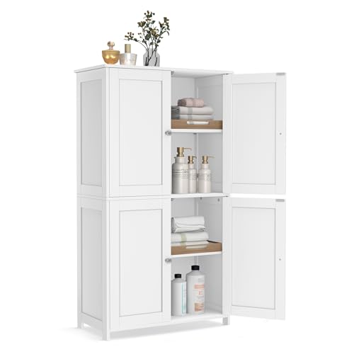 VASAGLE Floor Storage Cabinet, Shaker Cabinet with 2 Adjustable Shelves, 4 Doors, Tall Freestanding Organizer Unit, for Kitchen Bathroom Living Room, Cloud White UBBC553WH01S