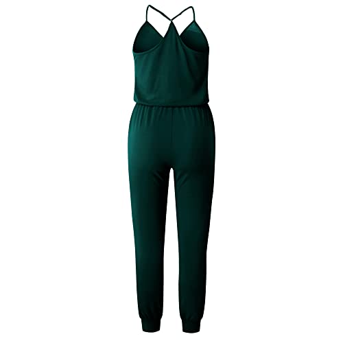 Prettygarden Women's Summer Casual Jumpsuits Wrap V Neck Sleeveless One Piece Pants Romper With Pockets (Dark Green,Medium) #TOP5